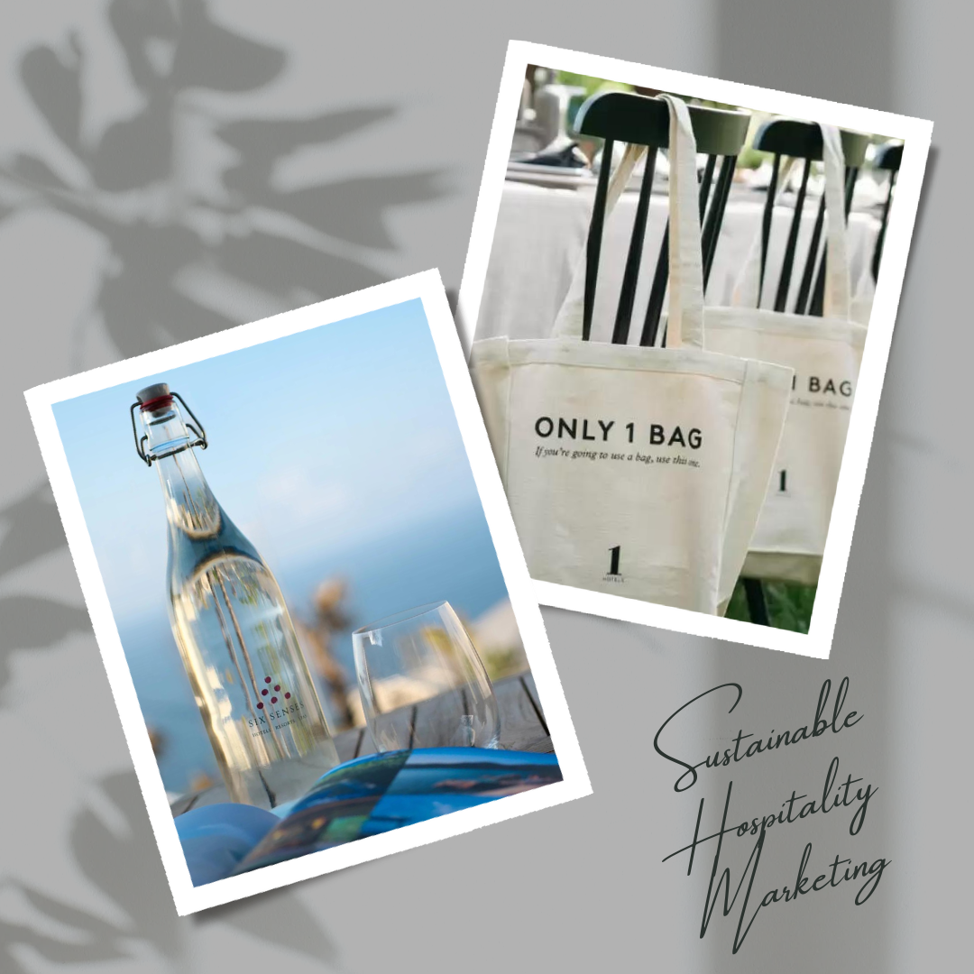 Two photographs with examples of sustainable hospitality marketing. On the left is a photo of a glass bottle with the Six Senses branding on it; on the right is a photo of tote bags hanging on the back of some wooden chairs, and the lettering on the bag reads "Only 1 bag" in reference to the 1 Hotel brand.